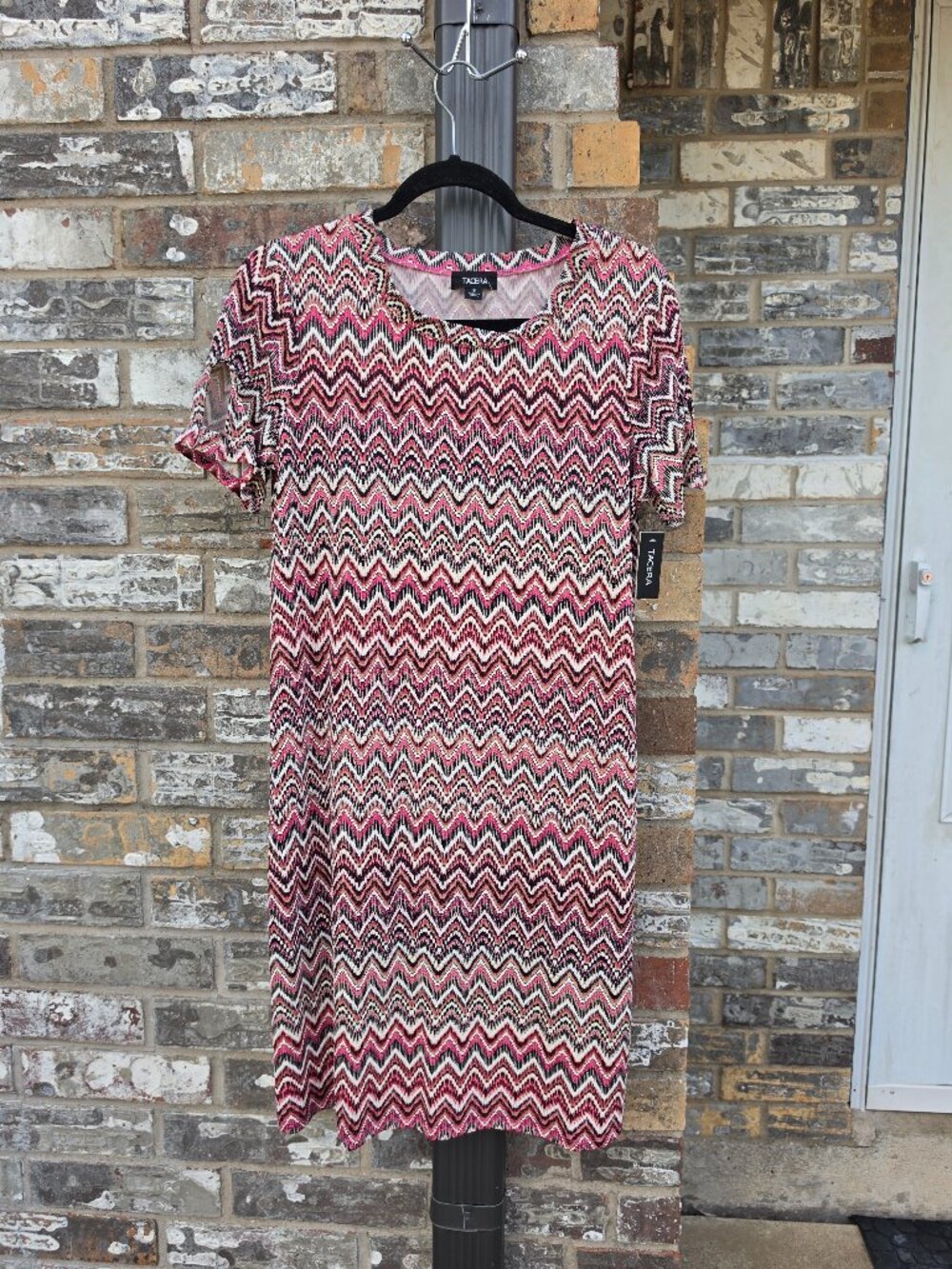 TACERA S Pink Black Chevron Zigzag Print Short Sleeve Dress
